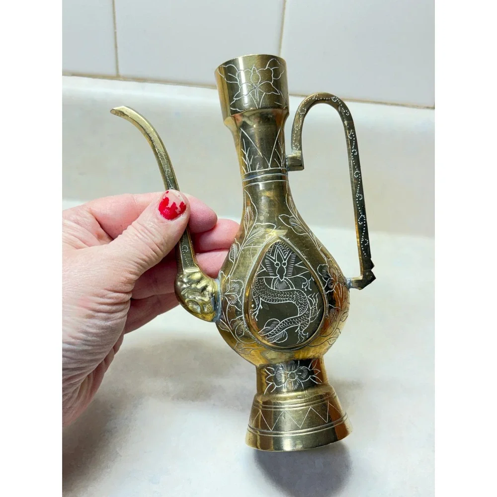 Vintage Etched Brass Ewer Pitcher Dragon Floral Design Decorative Accent FLAW 7" - Picture 8 of 12
